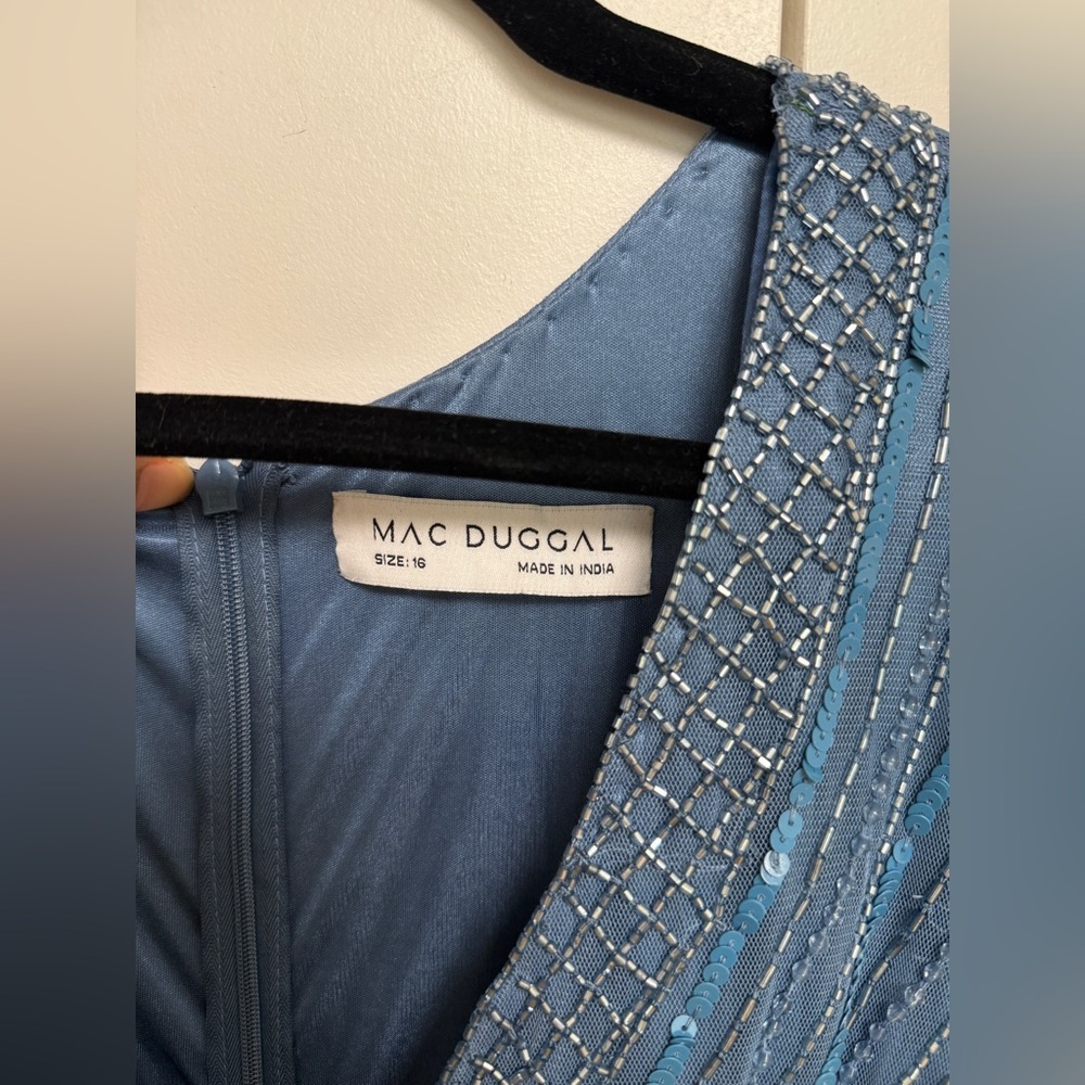 NWT | Mac Duggal 5442 Blue Emblemished Bell Sleeve Tiered Gown Size 16 - Picture 11 of 17